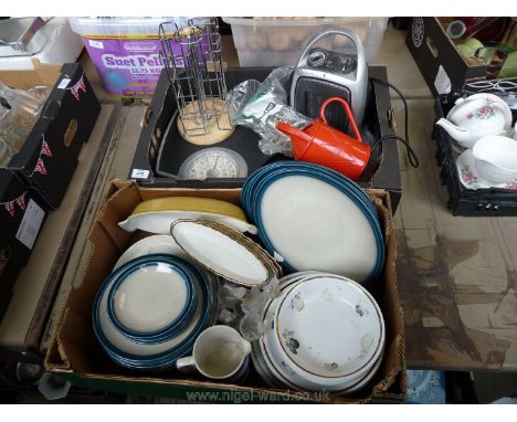 Two boxes of part dinner services, bathroom scales, electric heater etc.