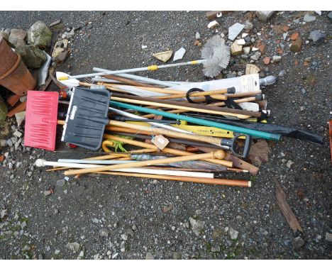 Quantity of garden tools, curtain poles, snow shovel, brooms etc