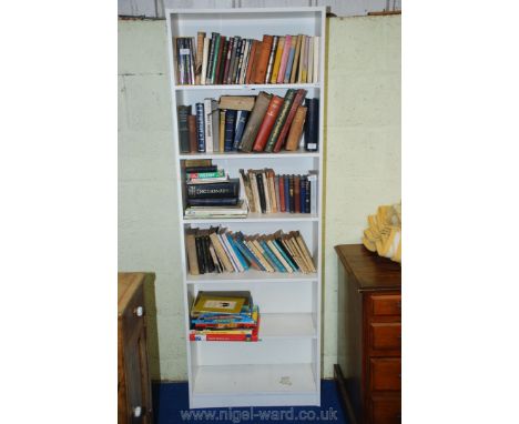 White finish modern five shelf bookcase, 69" high x 24" wide x 9" deep.