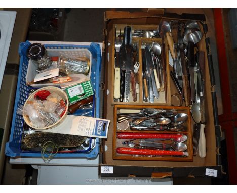 Two boxes including cutlery, hand tools, fixings etc.
