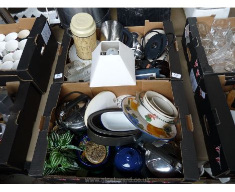 Two boxes to include table lamp, kettles, flan dishes, baking tins, flask etc.