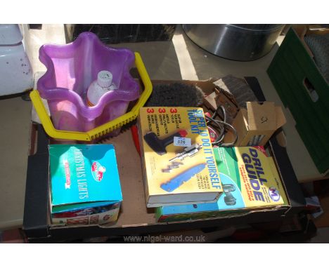 Drill guide stand, soldering iron, tool kit, Christmas lights, bucket, etc.,