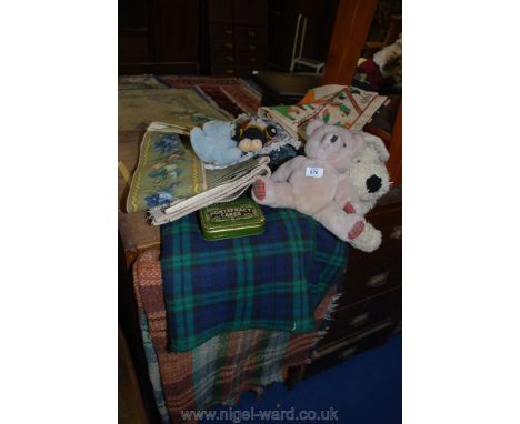 Quantity of tapestry, cuddly toys and two picnic blankets etc.