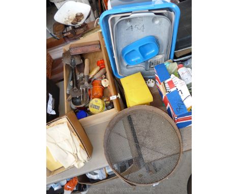 Box of tools, drill, various screws, dusters, garden sieve, trays etc.