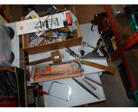 Box of hacksaw blades various boat levels, hand tools etc.