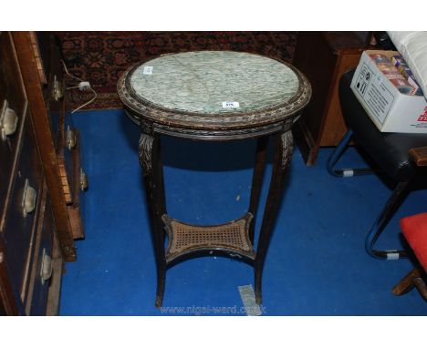 Marble topped (cracked) plant stand with cane lower shelf, 30" high.