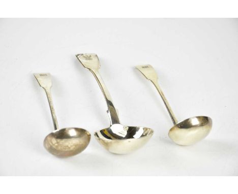 AM &amp; CO; a pair of Victorian hallmarked silver Fiddle pattern toddy ladles, Edinburgh 1839, with a sauce ladle, George Ad