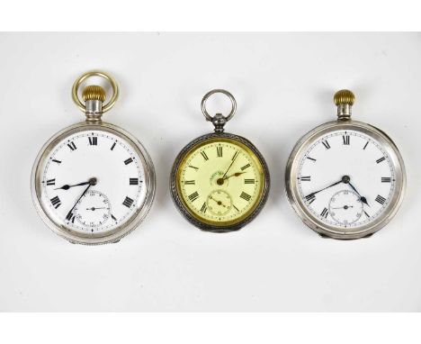 A hallmarked silver crown wind open face pocket watch, the enamel dial set with Roman numerals and subsidiary seconds dial, d