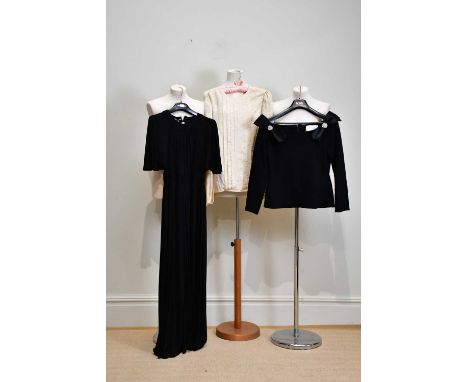 JEAN MUIR; a vintage circa 1970s black full length rayon dress with bat sleeves, a fitted waist and full skirt, size 10, an O