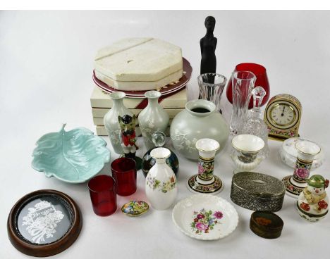 A collection of assorted ceramics and glass including Carlton Ware Leaf bowl, Wedgwood candlesticks and Wade figure.