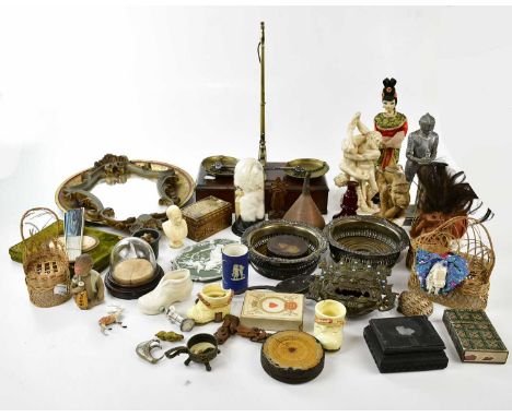 An assortment of 19th century and later collectors' items, including balance scales, a pair of Sheffield plate bottle stands,