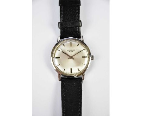 LONGINES; a gentleman's vintage stainless steel wristwatch, diameter excluding winding crown 34mm.
