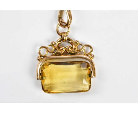 A 9ct rose gold double Albert chain with citrine swivel fob and T-bar, length 41cm, approx. 36.6g. Condition Report: Overall 