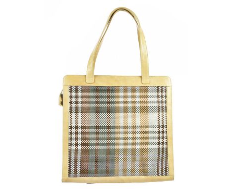 MULBERRY; a large vintage beige leather and woven green, red and beige leather handbag with embossed logo to front and plaid 