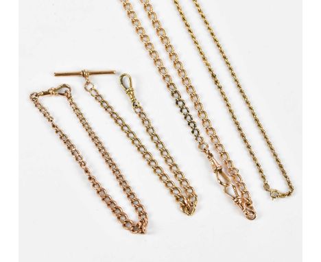 A 9ct rose gold Albert chain, length approx 43cm, two further graduated Albert chains, one with T-bar, lengths 23.5cm and 21c