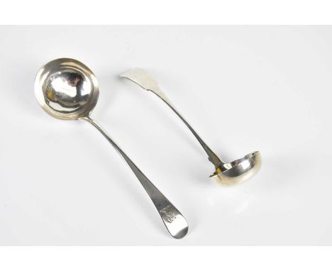 A George III hallmarked silver sauce ladle, with a further George V hallmarked silver toddy ladle, indistinct marks, combined