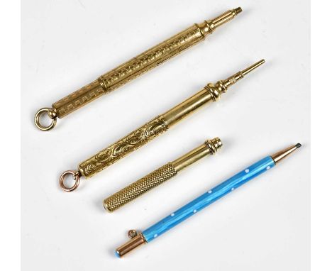 Three late Victorian yellow metal propelling pencils, including an example with engine turned decoration, also a blue enamel 