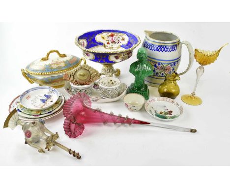 A collection of 19th century and later ceramics and glassware, including a Coalport twin handled lidded tureen retailed by F 