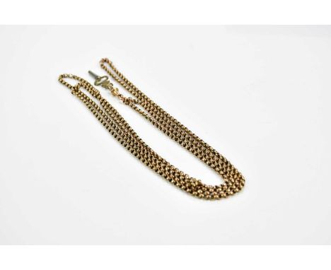 A 9ct gold belcher chain, length 148cm, approx. 23.64g (including the pocket watch key attachment)