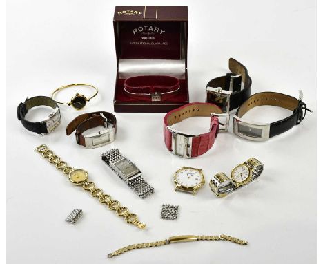 RAYMOND WEIL; two gold tone quartz lady’s cocktail watches, one with chain strap, three DKNY silver tone quartz fashion watch