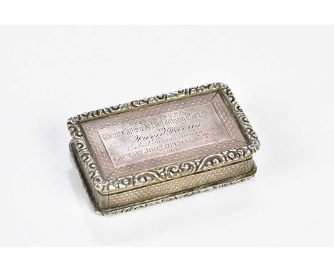 A Victorian hallmarked silver snuff box, the hinged top with presentation engraving ‘Presented by Lieut Col Sie W. W. Wynn Ba