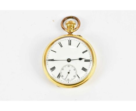 An 18ct yellow gold crown wind open face pocket watch with Roman numerals to the white enamel dial, the movement signed 'R.F 