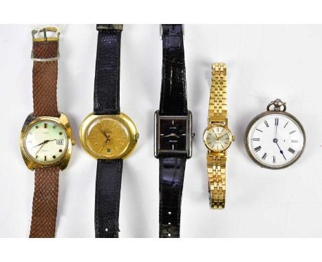 Four vintage wristwatches, including Cyma and Timex, also a silver key wind fob watch (5)