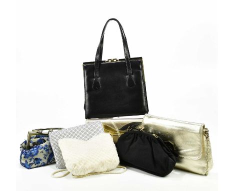 PACO RABANNE; a vintage gold leather evening bag with chain handle, an Alligator black 1950s handbag, lined with cream suede,