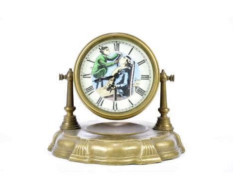 A brass cased novelty mantel clock, the enamel decorated with a monkey shaving a seated male who is seated in a barber's chai