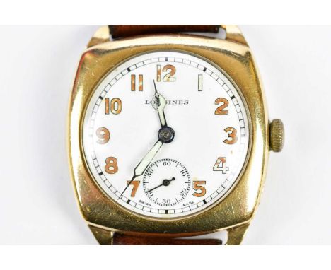 LONGINES; a gentleman's vintage 9ct yellow gold wristwatch with Arabic numerals to the circular white enamel dial, with prese