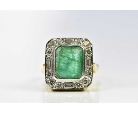 An 18ct yellow gold emerald and diamond Art Deco inspired dress ring, size K, approx. 9g.N.B. The ring head approx. 16.2 x 14