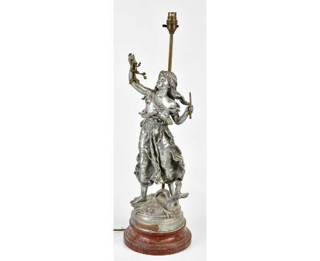 AFTER MOREAU; an early 20th century silvered spelter figural table lamp, 'Beliges Champetres' on socle, height 52cm.