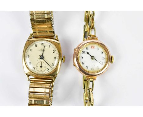 AVIA; a vintage 9ct yellow gold cased wristwatch, and a vintage rose gold cased wristwatch with Arabic numerals to the white 
