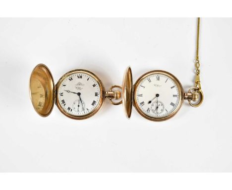 WALTHAM USA; two crown wind gold plated cased full hunter pocket watches, each with white enamel dial set with Roman numerals