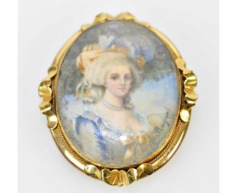 X A late 19th century yellow metal framed oval portrait miniature brooch, hand painted with the portrait of Marie Antoinette,