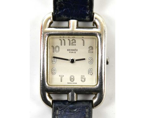 HERMÈS; a stainless steel Cape Cod Nantucket quartz lady's wristwatch, No. 765101, with original blue textured leather strap 