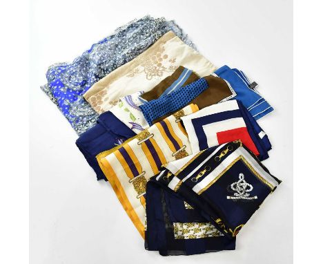 ZANOLA RHODES; a large cream 100% silk scarf with ribbons and flowers, in navy blue and cream, two scarves from Corviglia Ski