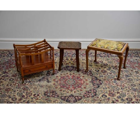 A carved oak stool, height 40cm, a reproduction four division Canterbury, and a stool with tapestry top (3)