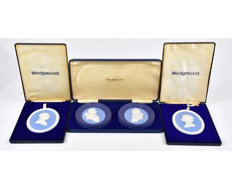 WEDGWOOD; three cased commemorative jasperware plaques representing the Duke of Edinburgh, Queen Elizabeth II and portrait me