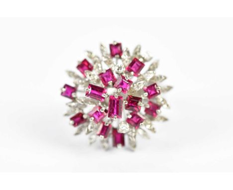 A white metal diamond and ruby cocktail ring, stamped 18K, size K, approximate weight 10.3g.