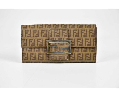 FENDI; a coated canvas monogram FF vintage wallet with gold tone maker's log buckle to front and zipped coin interior, No. CA
