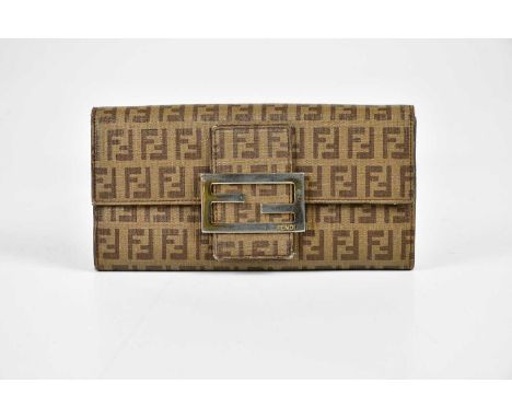 FENDI; a coated canvas monogram FF vintage wallet with gold tone maker's log buckle to front and zipped coin interior, No. CA