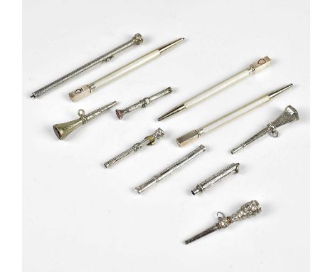HUTLER &amp; CO; a Victorian propelling pencil with engine turned decoration and hardstone terminal, three sterling silver br