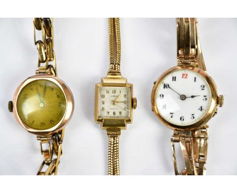 Three lady's vintage 9ct yellow gold wristwatches, two on expandable bracelets, total combined approx. 60.8g (3)