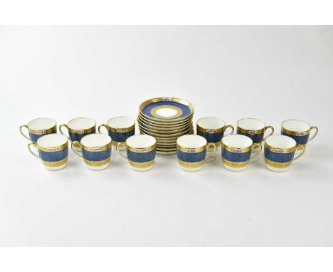 COALPORT; a pair of hand painted and gilt decorated plates, three further 19th century plates and a Cauldon part coffee servi