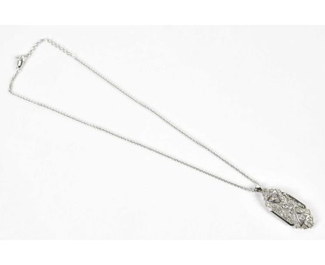 An 18ct white gold and diamond set pendant of pierced Art Deco design, suspended on a fine link 18ct white gold chain, length