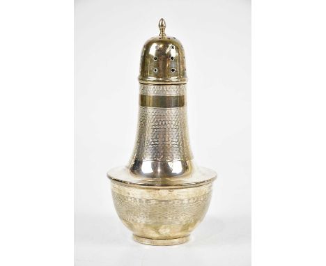 JOSEPH GLOSTER LTD; an Elizabeth II hallmarked silver sugar caster with engine turned decoration, Birmingham 1966 (weighted).