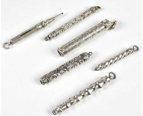 A sterling silver miniature propelling pencil with wrythen decoration, and five further propelling pencils including an examp