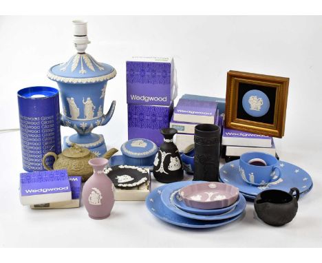 WEDGWOOD; a large collection of jasperware, including a twin handled urn lamp, various lilac pieces, and assorted collectors'