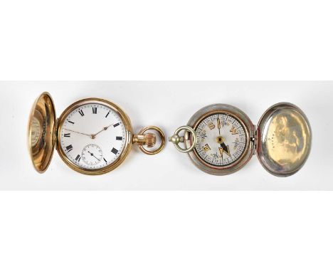 A gold plated crown wind full hunter pocket watch and a base metal compass (2) 